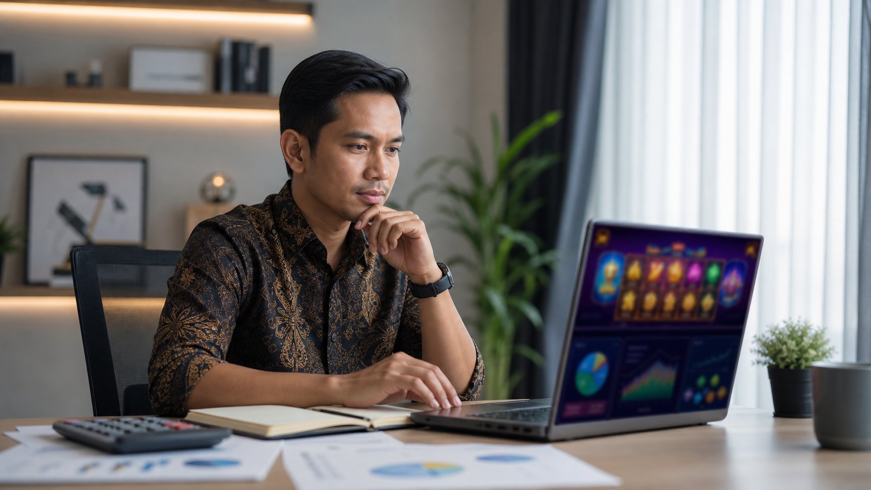 Seorang pria dewasa menganalisis permainan kasino daring di laptop dengan catatan dan kalkulator di meja.
