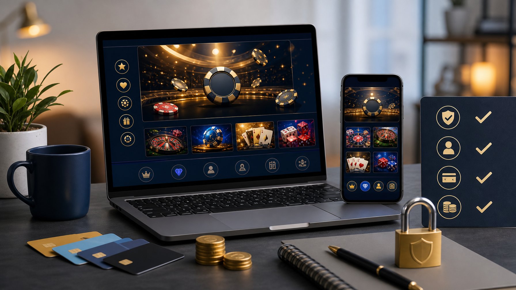 Laptop dan ponsel menampilkan antarmuka permainan daring abstrak di meja kerja modern dengan kartu pembayaran, koin, dan simbol gembok.