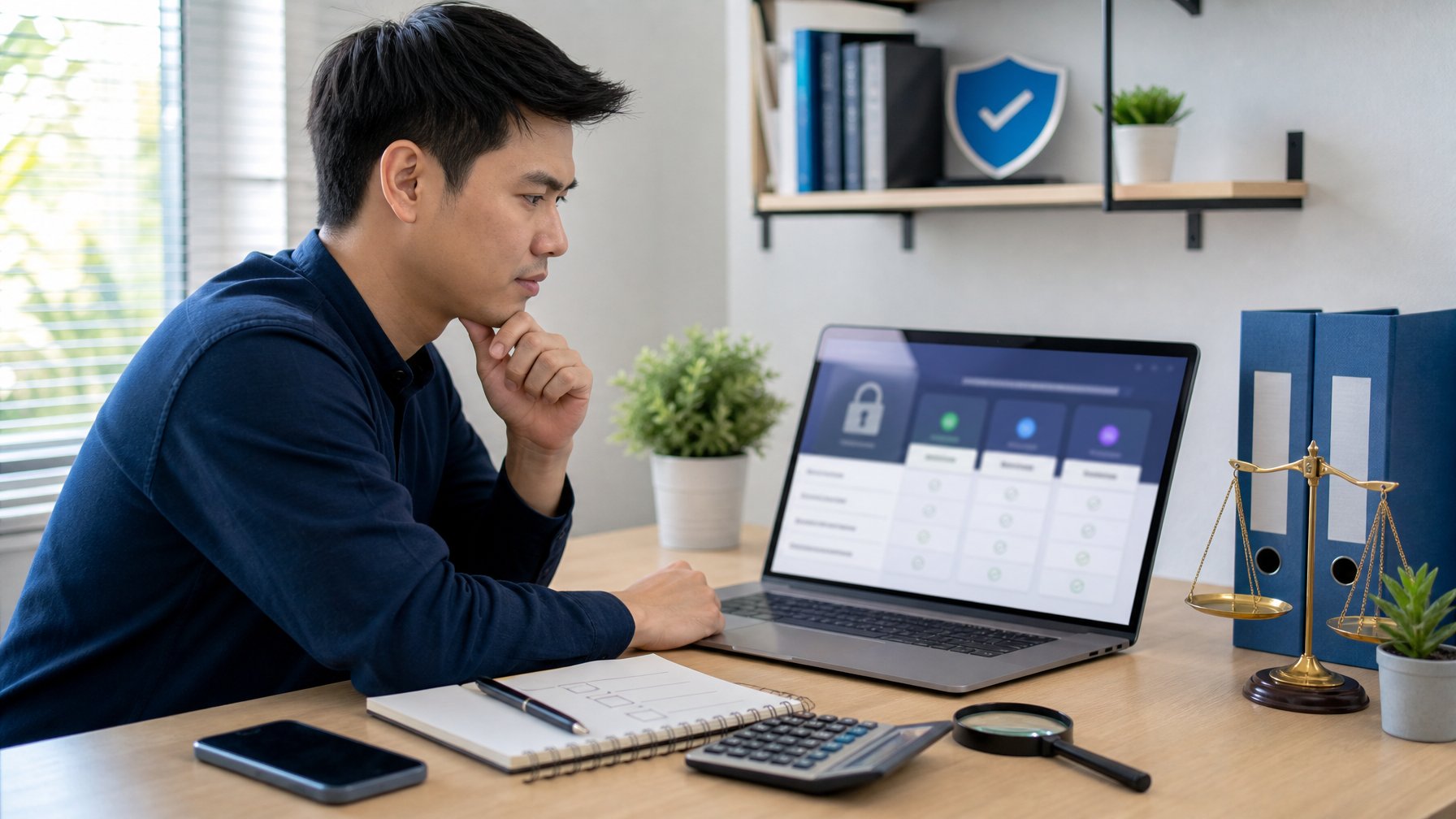 Seseorang memeriksa kredibilitas platform permainan daring melalui laptop di meja kerja.