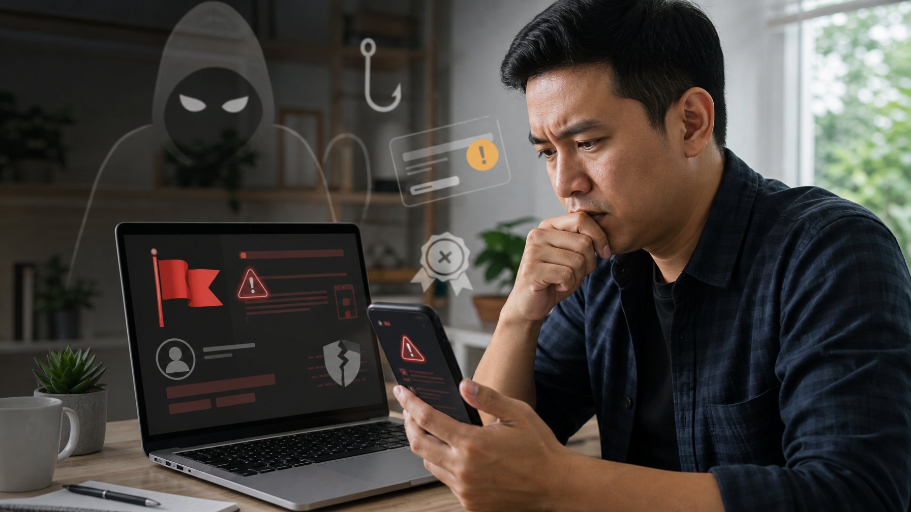Seorang pengguna memeriksa laptop dan ponsel dengan simbol peringatan tentang penipuan digital.