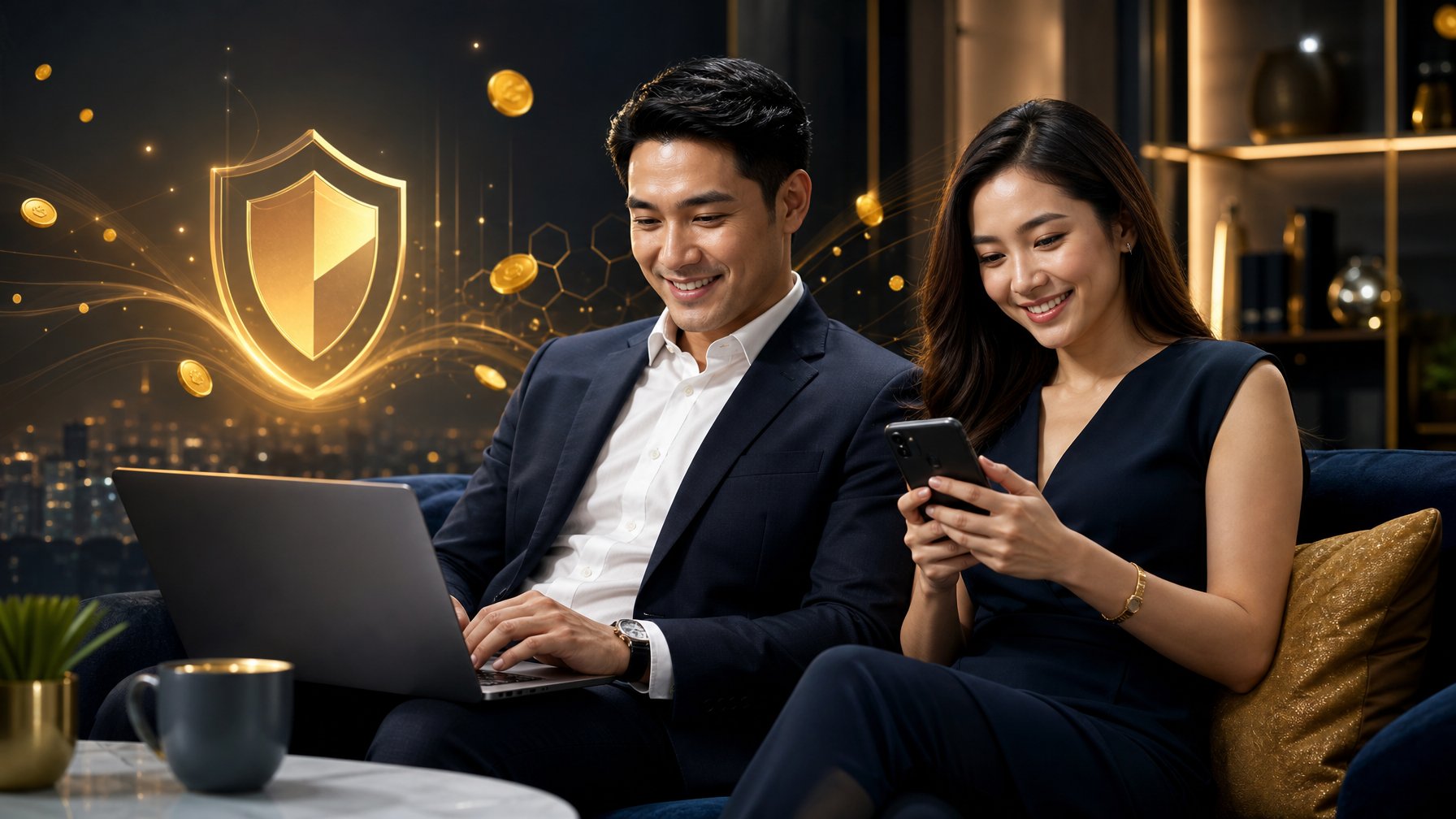 Pasangan dewasa menggunakan ponsel dan laptop di ruang modern dengan elemen cahaya digital dan aksen emas.