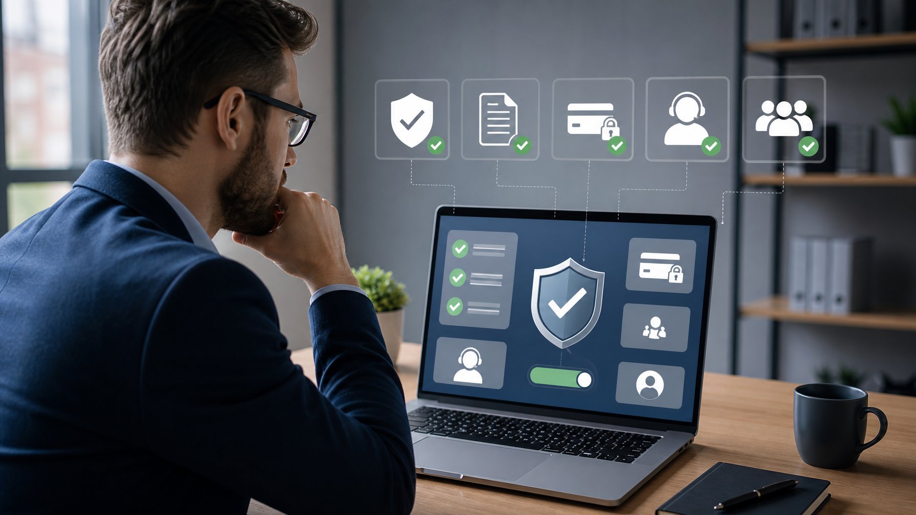 Seorang profesional memeriksa keamanan dan kredibilitas platform online di laptop.