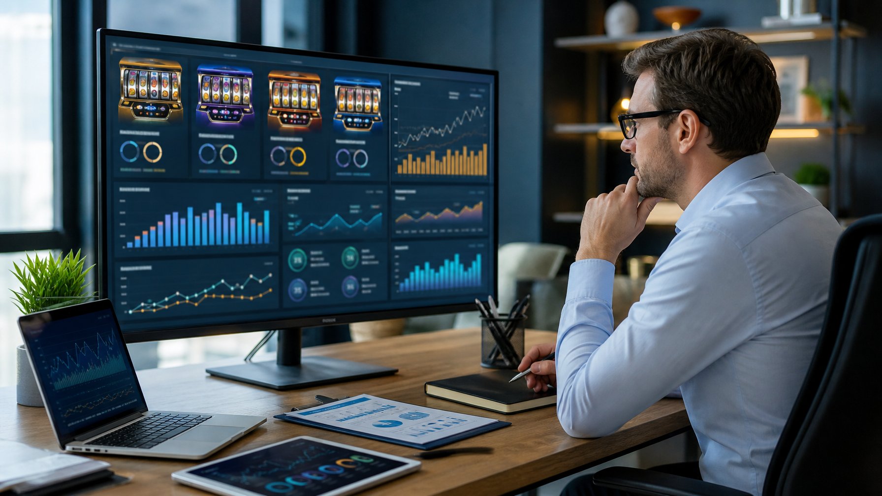 Analis sedang membandingkan data RTP melalui grafik pada beberapa layar di ruang kerja modern.