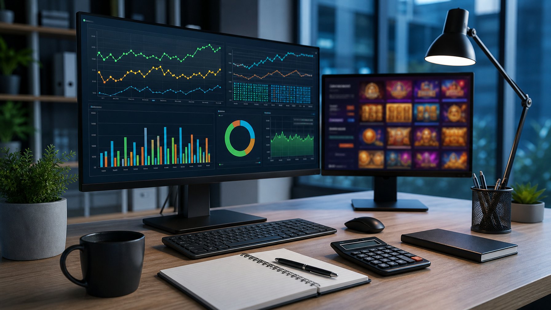 Meja kerja analis dengan monitor yang menampilkan grafik dan perbandingan data RTP secara abstrak.