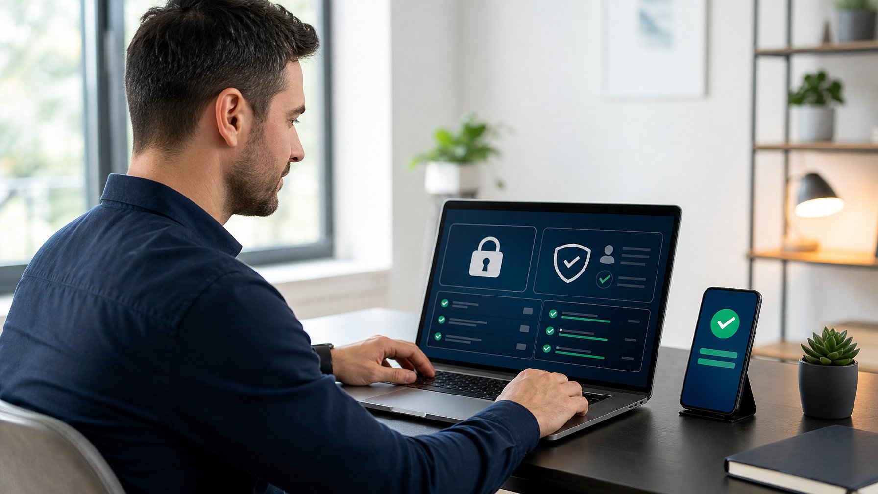 Orang dewasa memeriksa keamanan akun dan proses penarikan dana pada platform permainan daring menggunakan laptop dan ponsel.