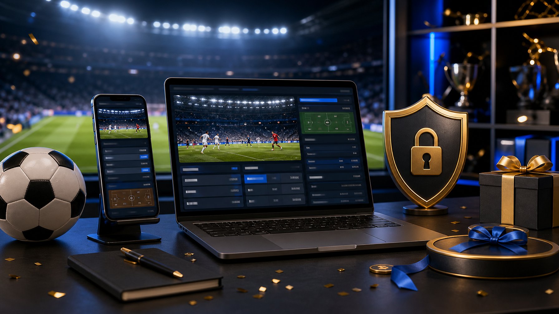Laptop dan ponsel menampilkan antarmuka pertandingan sepak bola di samping bola dan elemen hadiah dalam suasana stadion.