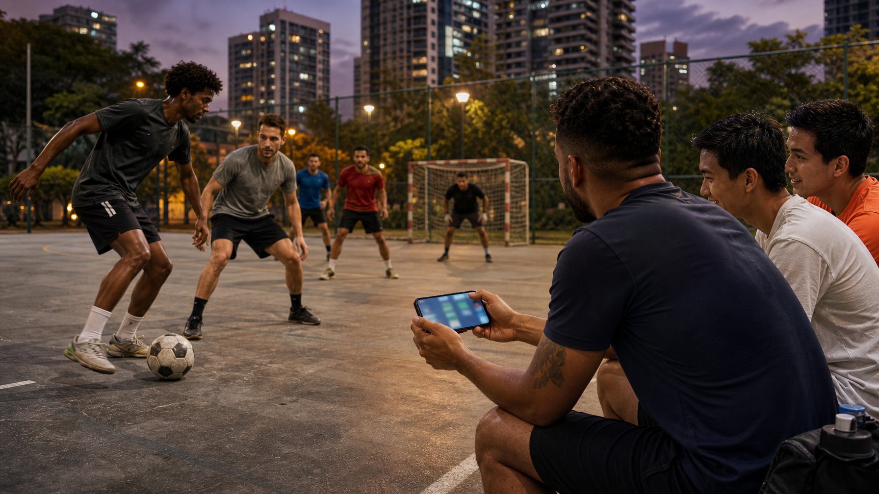 Sekelompok orang dewasa bermain sepak bola di lapangan kota, sementara beberapa teman melihat ponsel di pinggir lapangan.