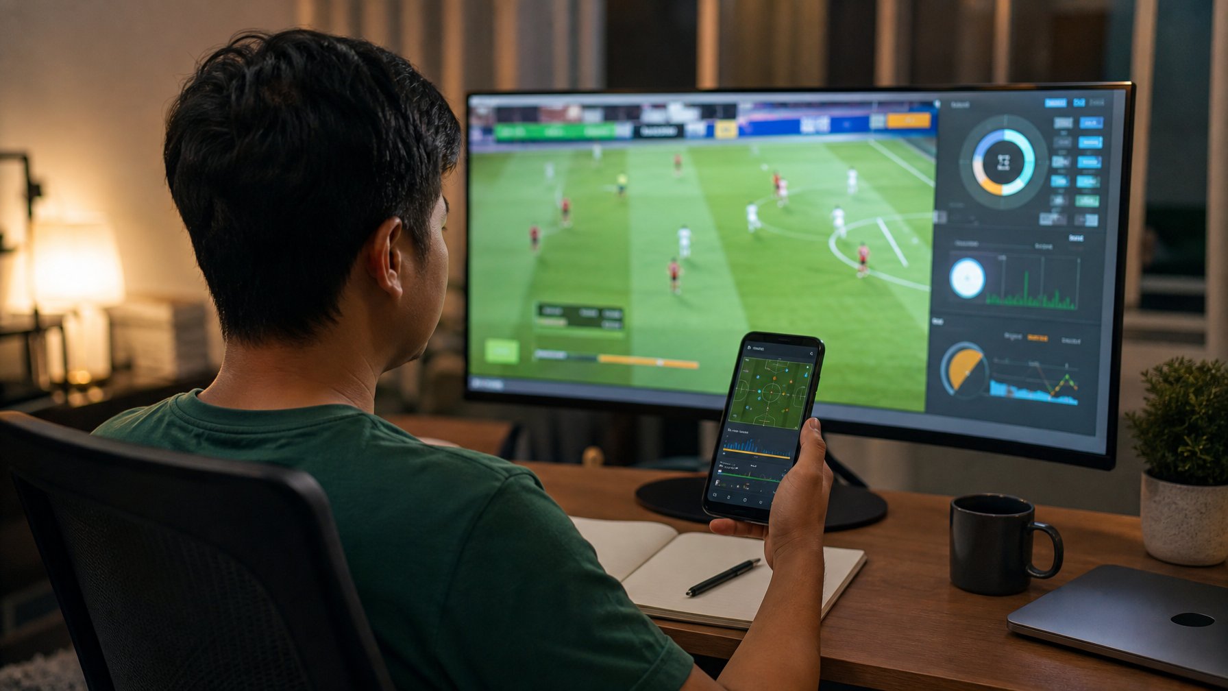 Seseorang mengamati pertandingan sepak bola dan statistik pertandingan melalui monitor serta ponsel.