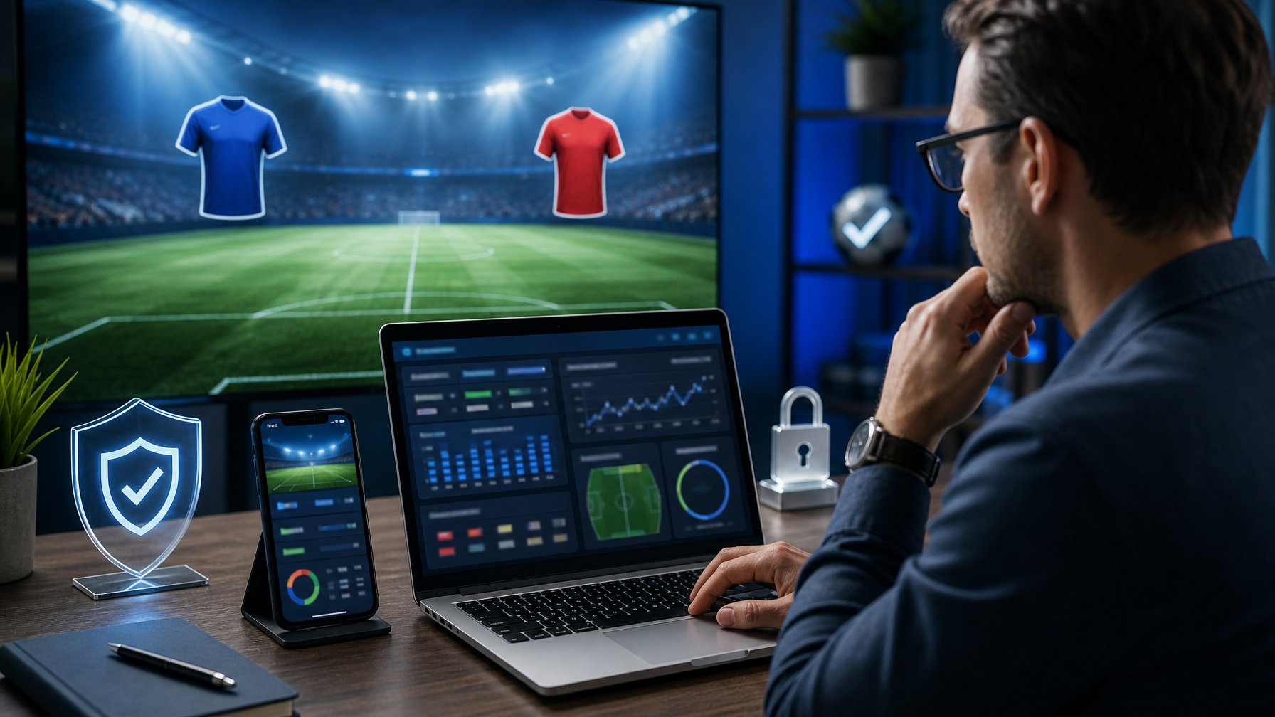 Seseorang menganalisis pertandingan sepak bola di ruang kerja modern dengan laptop, ponsel, dan layar stadion.