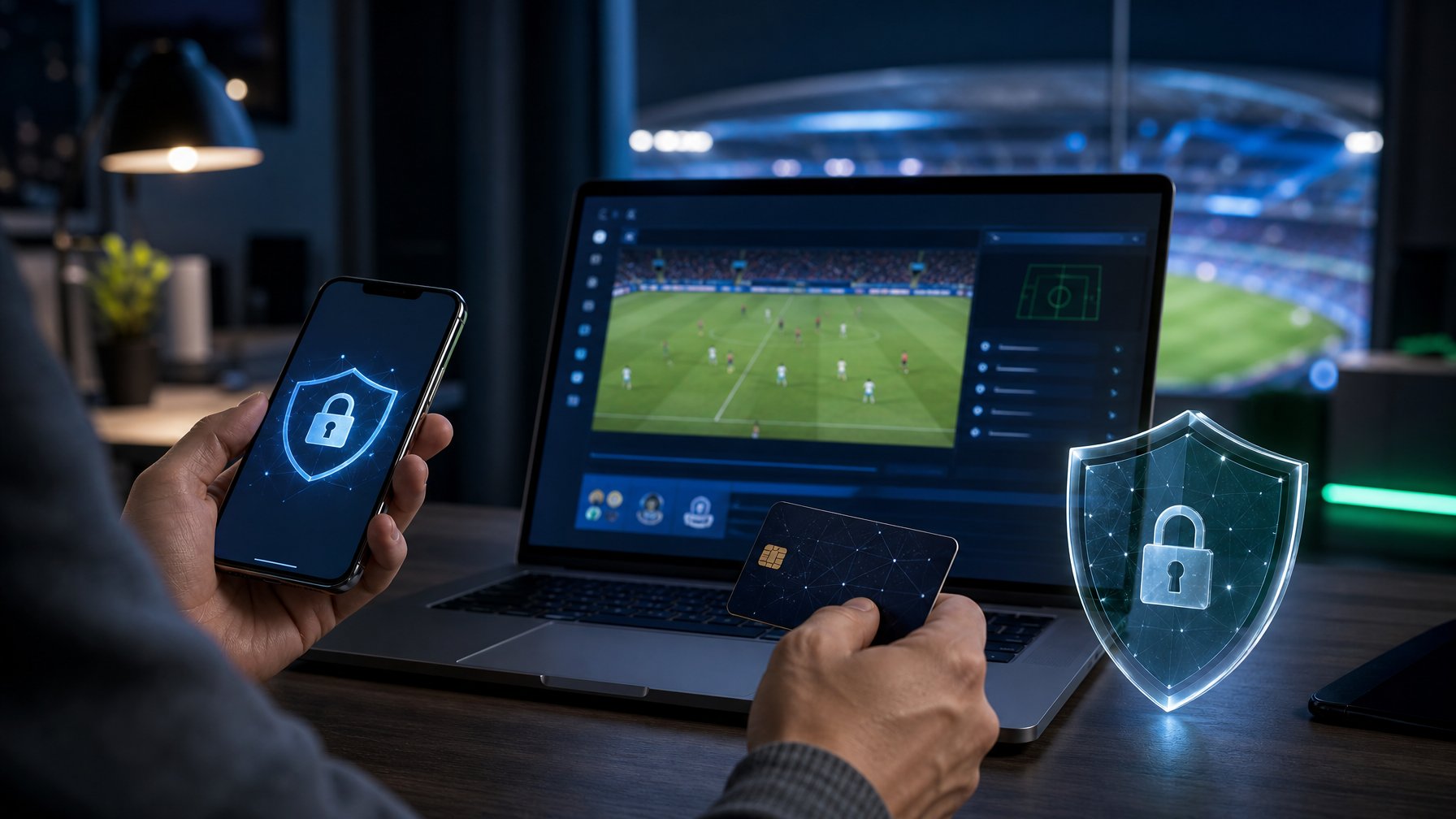 Seseorang menggunakan laptop dan ponsel dengan simbol perisai serta gembok yang menggambarkan keamanan data dan transaksi taruhan sepak bola.