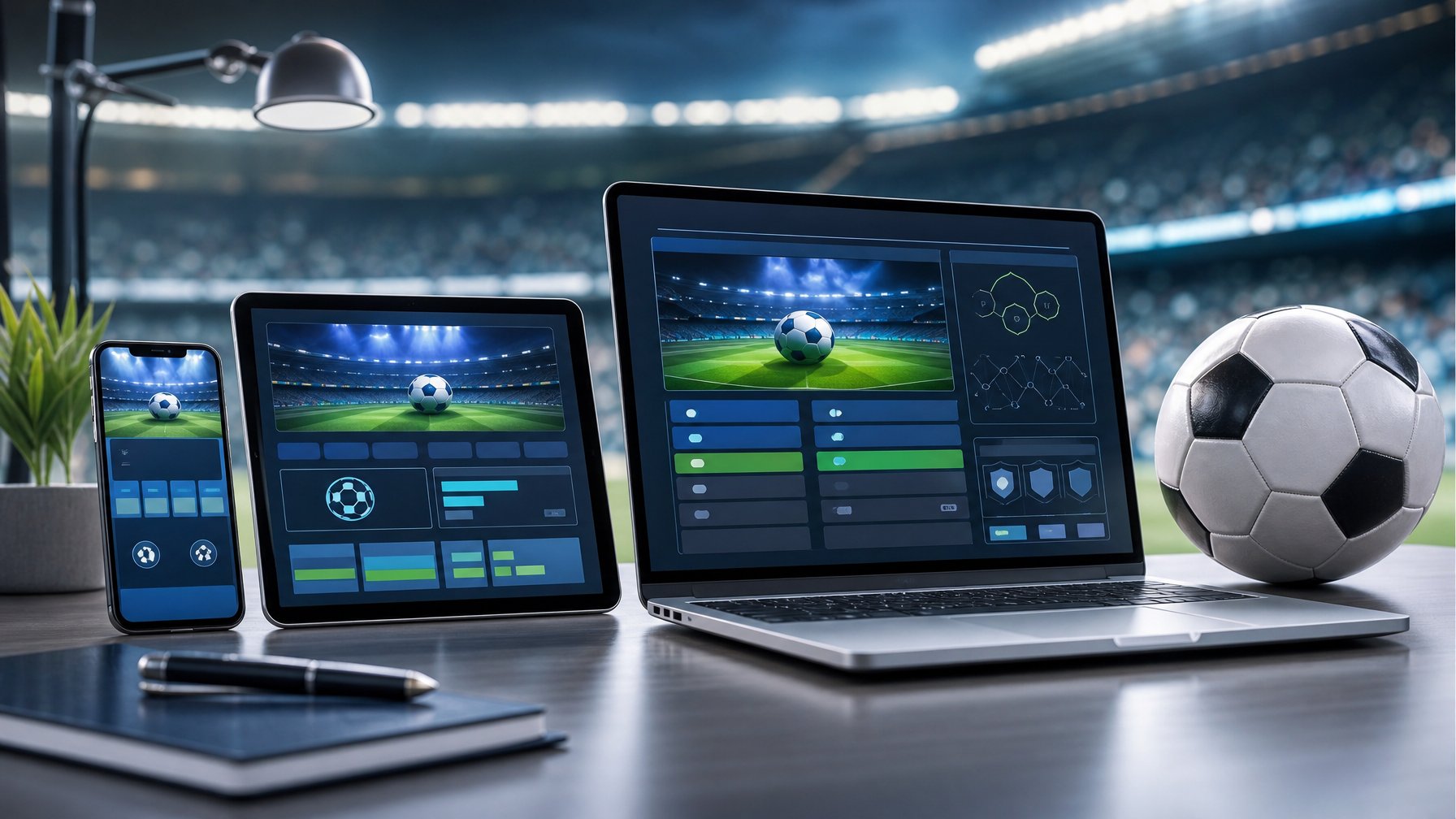 Ponsel, tablet, dan laptop menampilkan tampilan sepak bola digital di atas meja dengan bola sepak dan latar stadion yang samar.