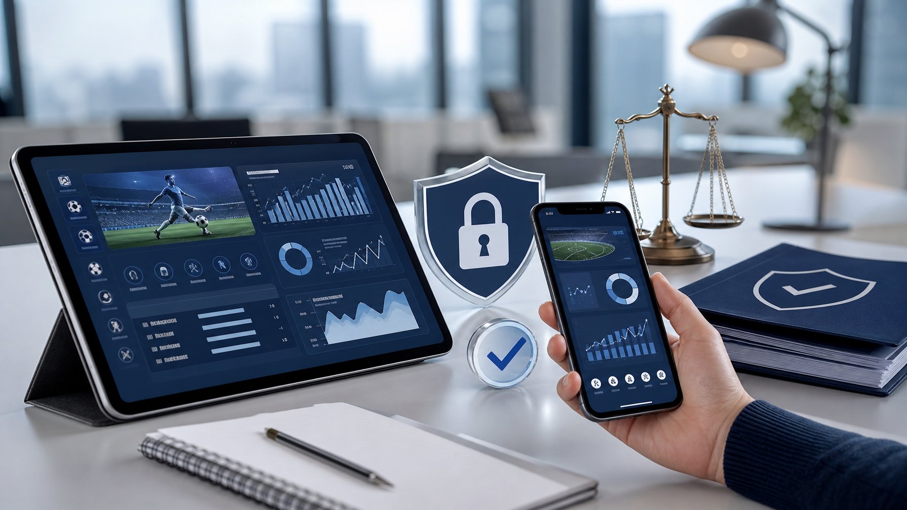 Perangkat Android dan iOS menampilkan antarmuka olahraga abstrak dengan simbol keamanan, verifikasi, dan legalitas di meja kantor.