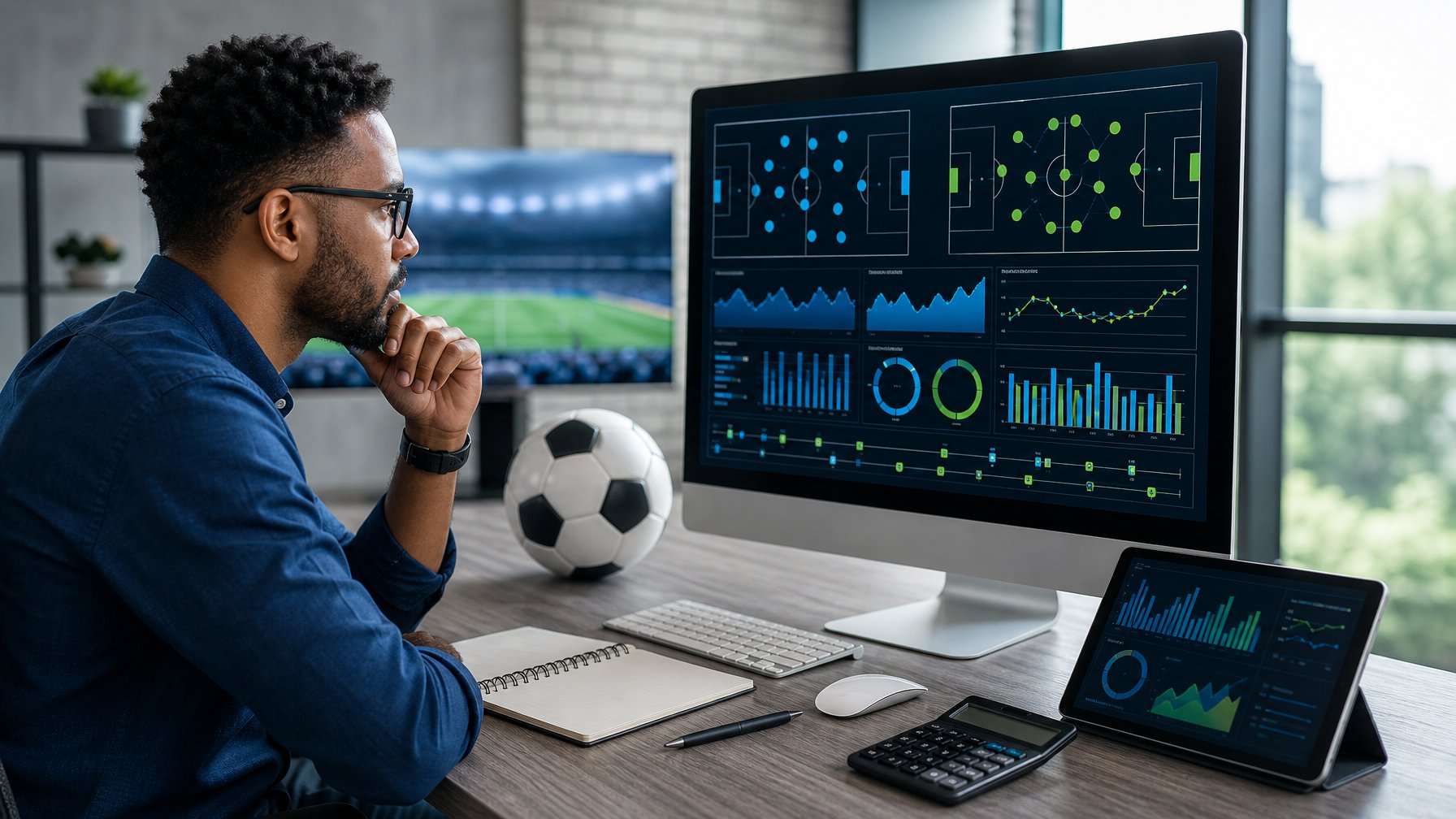 Analis sepak bola mempelajari statistik pertandingan di meja kerja dengan layar yang menampilkan grafik dan data abstrak.