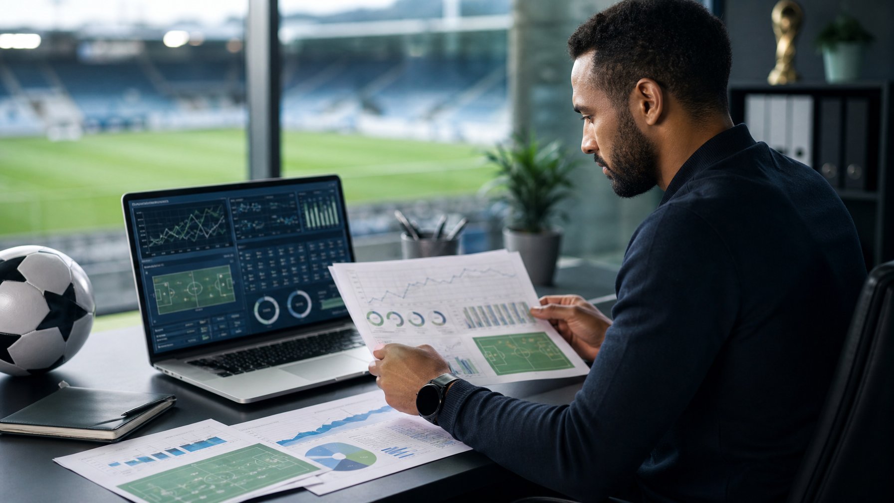Analis memeriksa statistik pertandingan sepak bola di laptop dan dokumen dengan latar stadion.