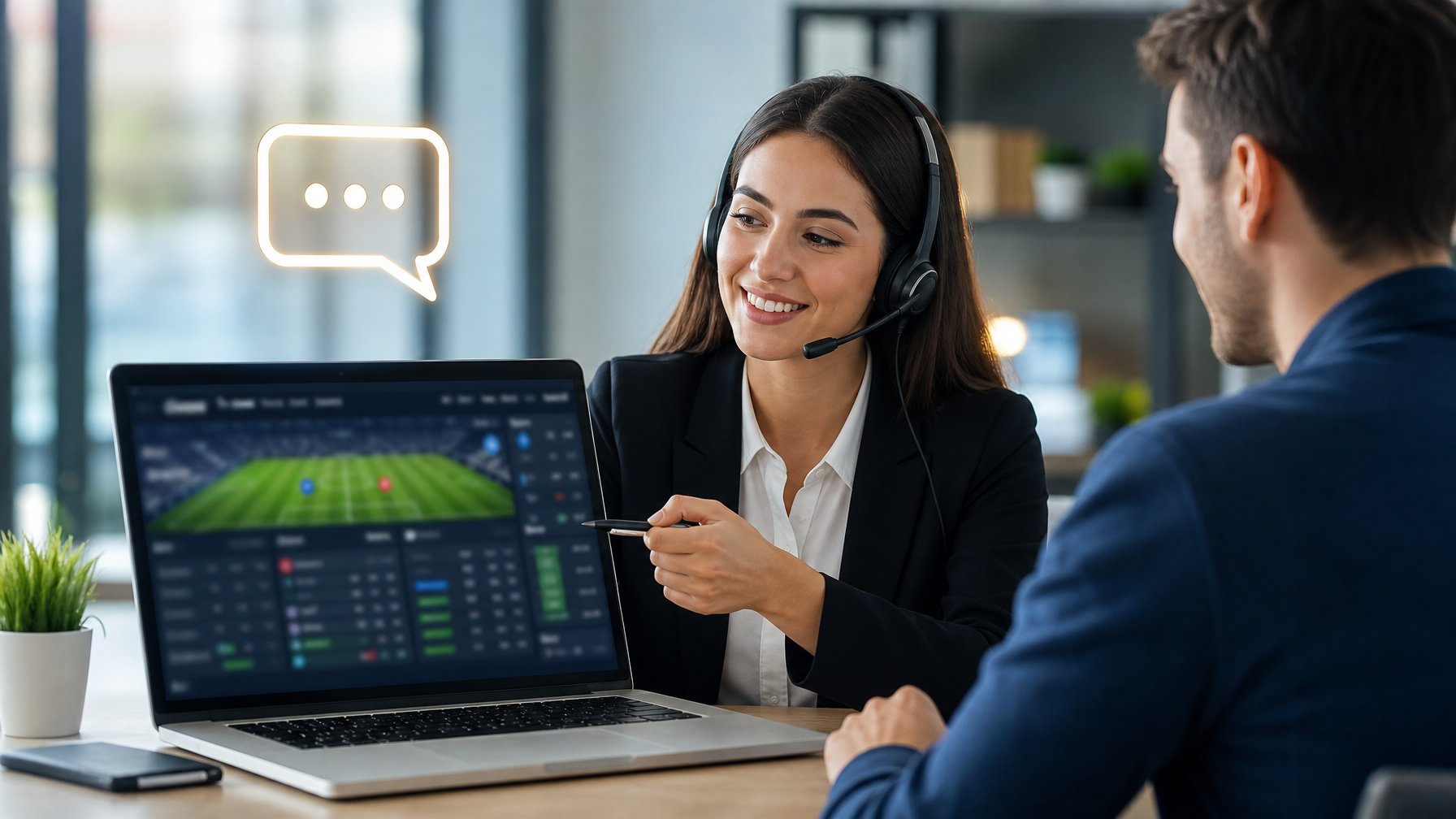 Petugas layanan pelanggan membantu pengguna melalui laptop dalam suasana kantor modern dengan tampilan pertandingan sepak bola.
