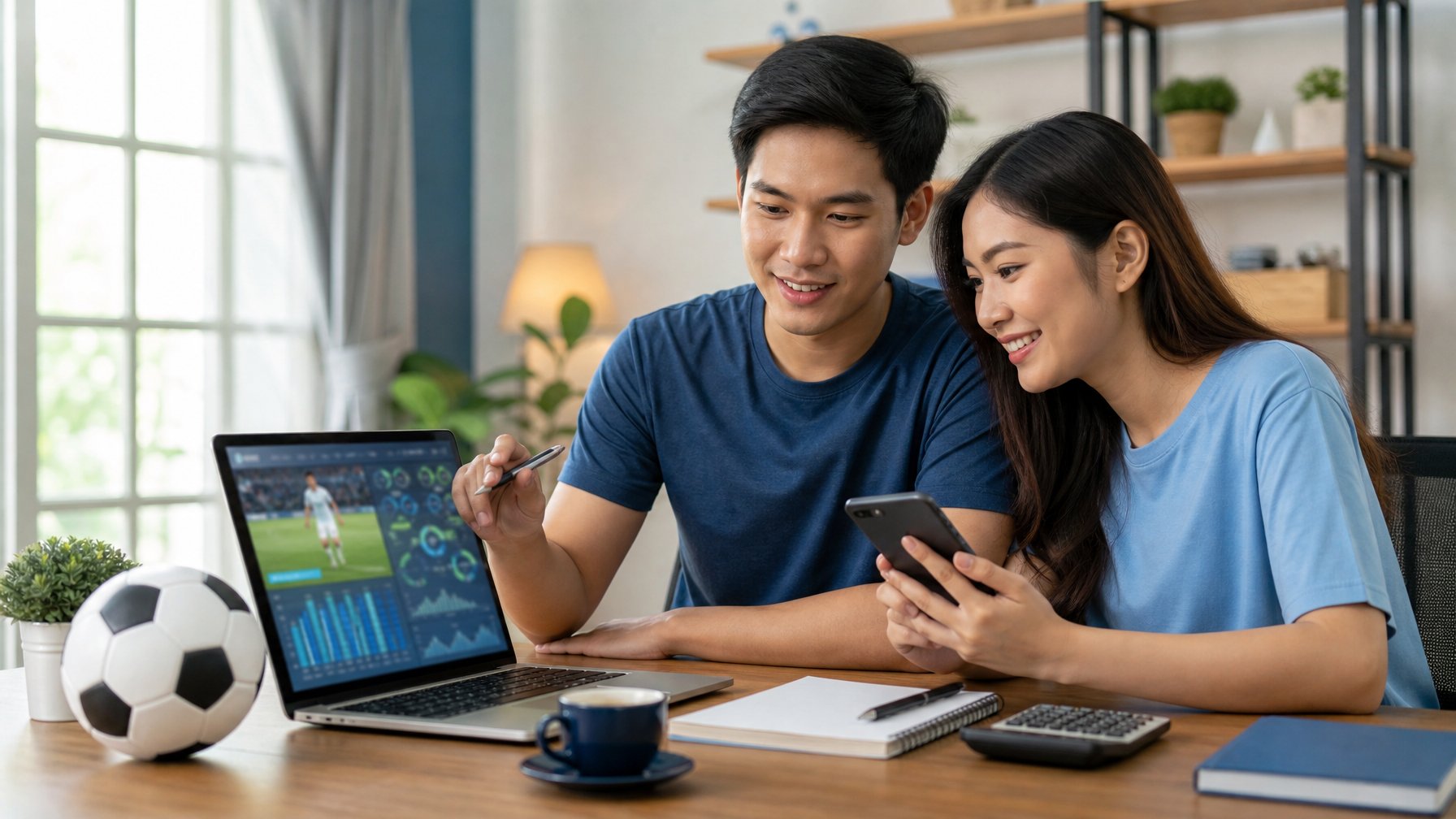Dua orang dewasa melihat informasi pertandingan sepak bola di laptop dan ponsel di meja.