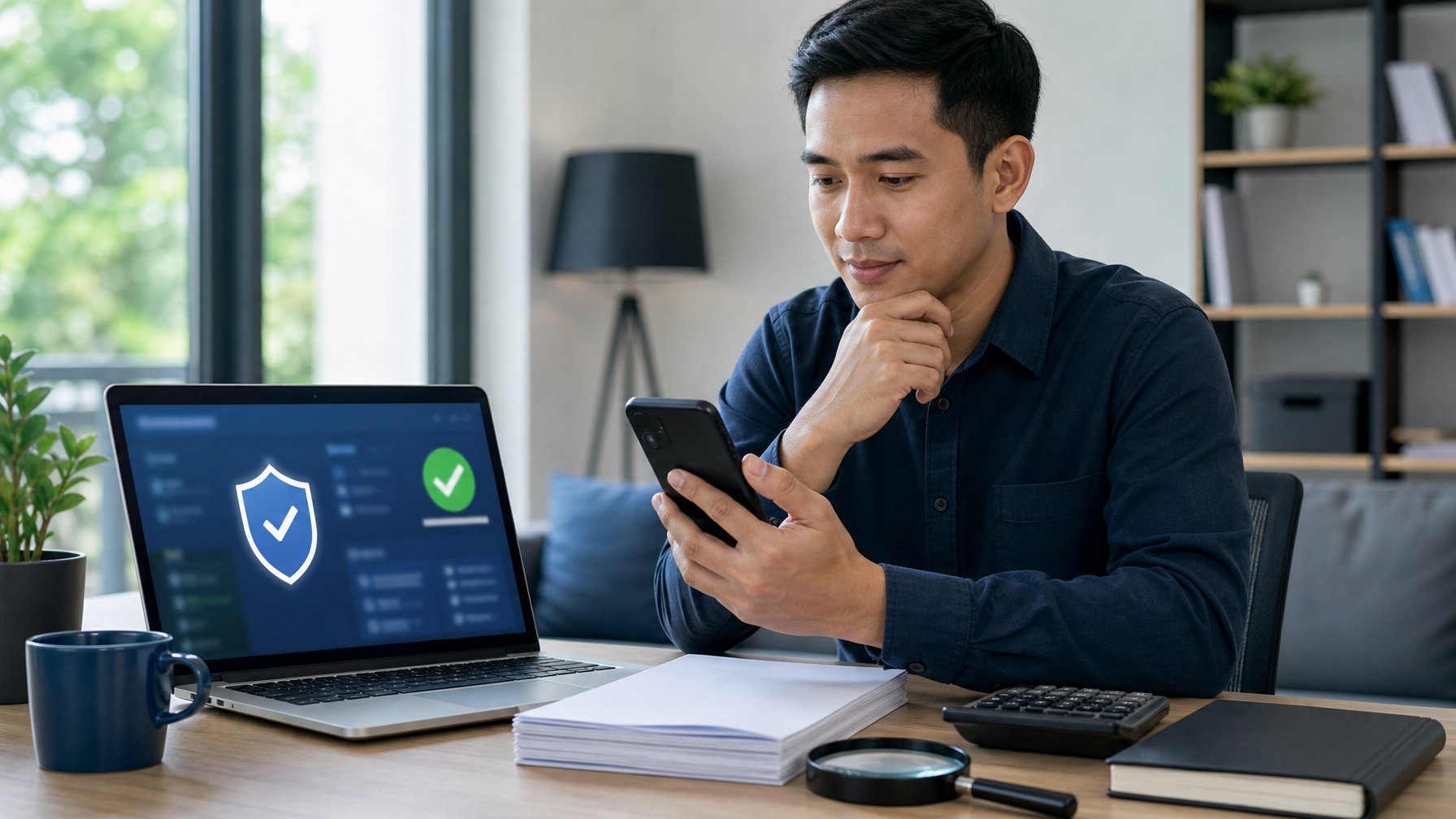 Seseorang memeriksa laptop dan dokumen keamanan di meja kerja dengan simbol perisai dan tanda verifikasi.