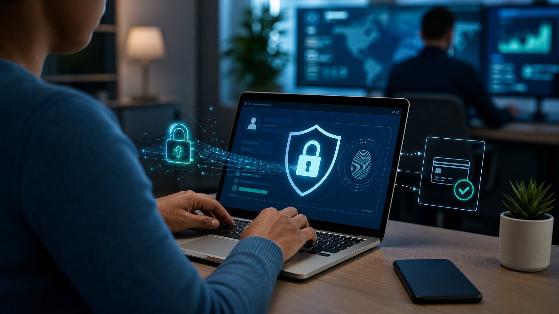 Pengguna mengakses platform daring dengan simbol perisai dan gembok yang melindungi data pribadi serta transaksi.