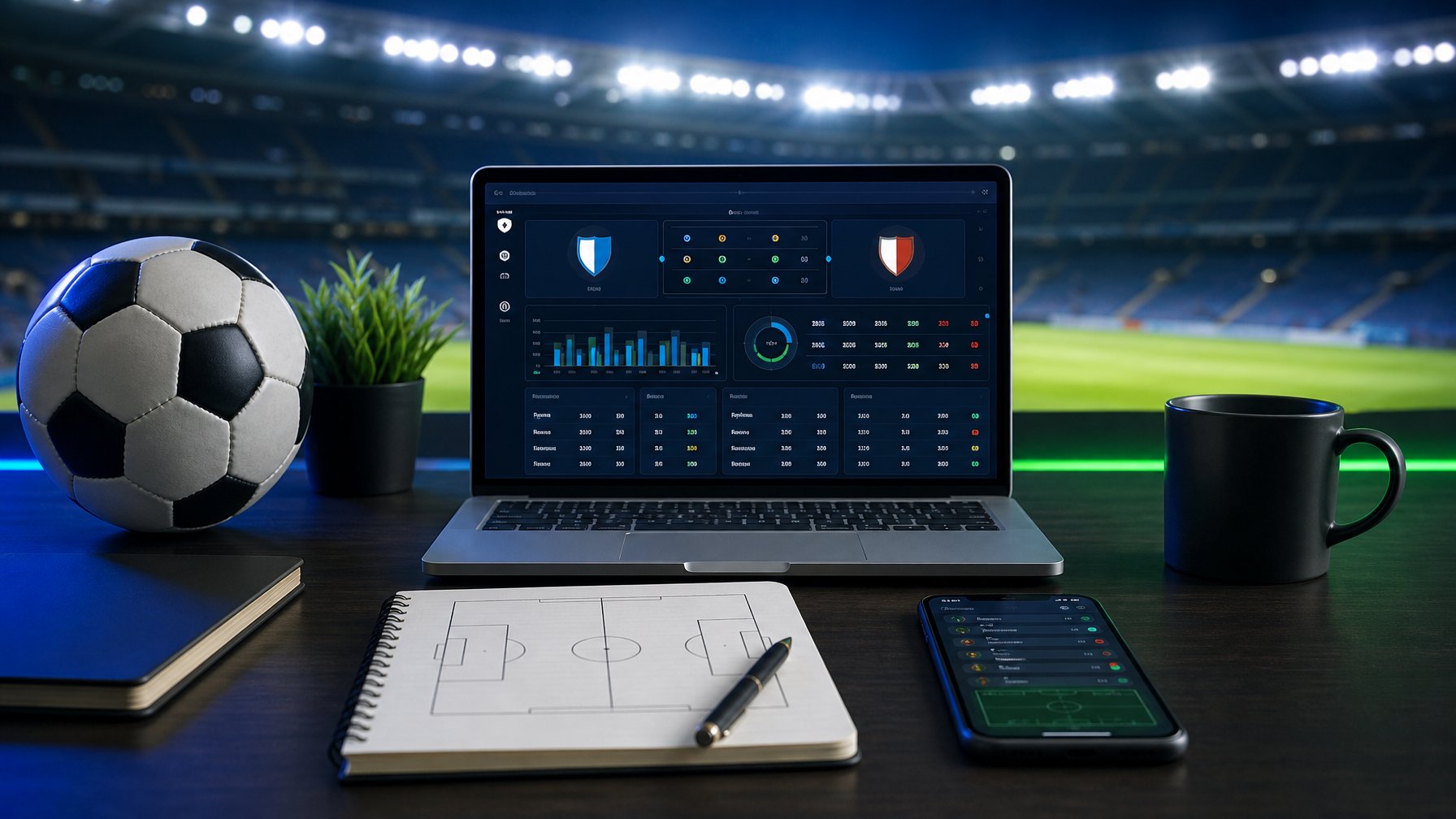Meja modern dengan laptop berisi analisis pertandingan sepak bola, bola, ponsel, dan stadion yang tampak samar di latar belakang.