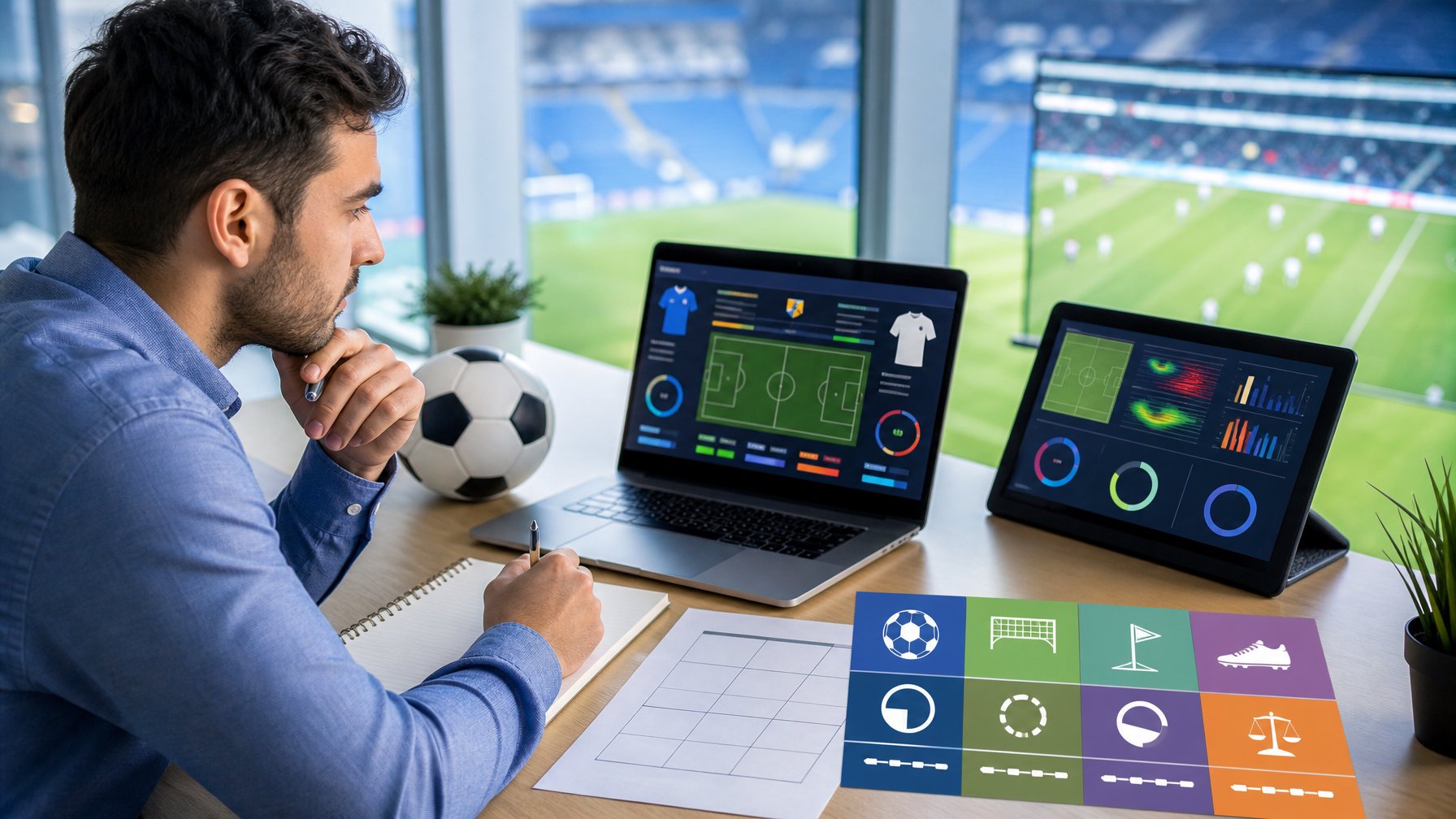 Seorang analis sepak bola mempelajari statistik pertandingan dan berbagai jenis pasar taruhan di ruang kerja modern.