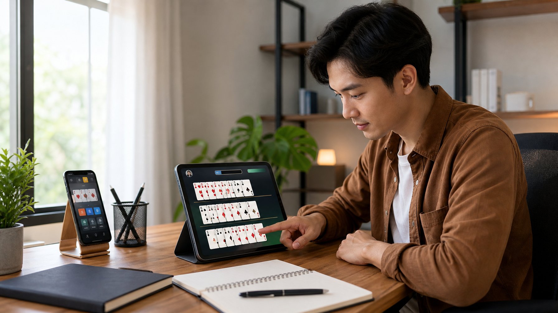 Pemula sedang menyusun kartu permainan online dalam tiga baris di tablet pada meja kerja.