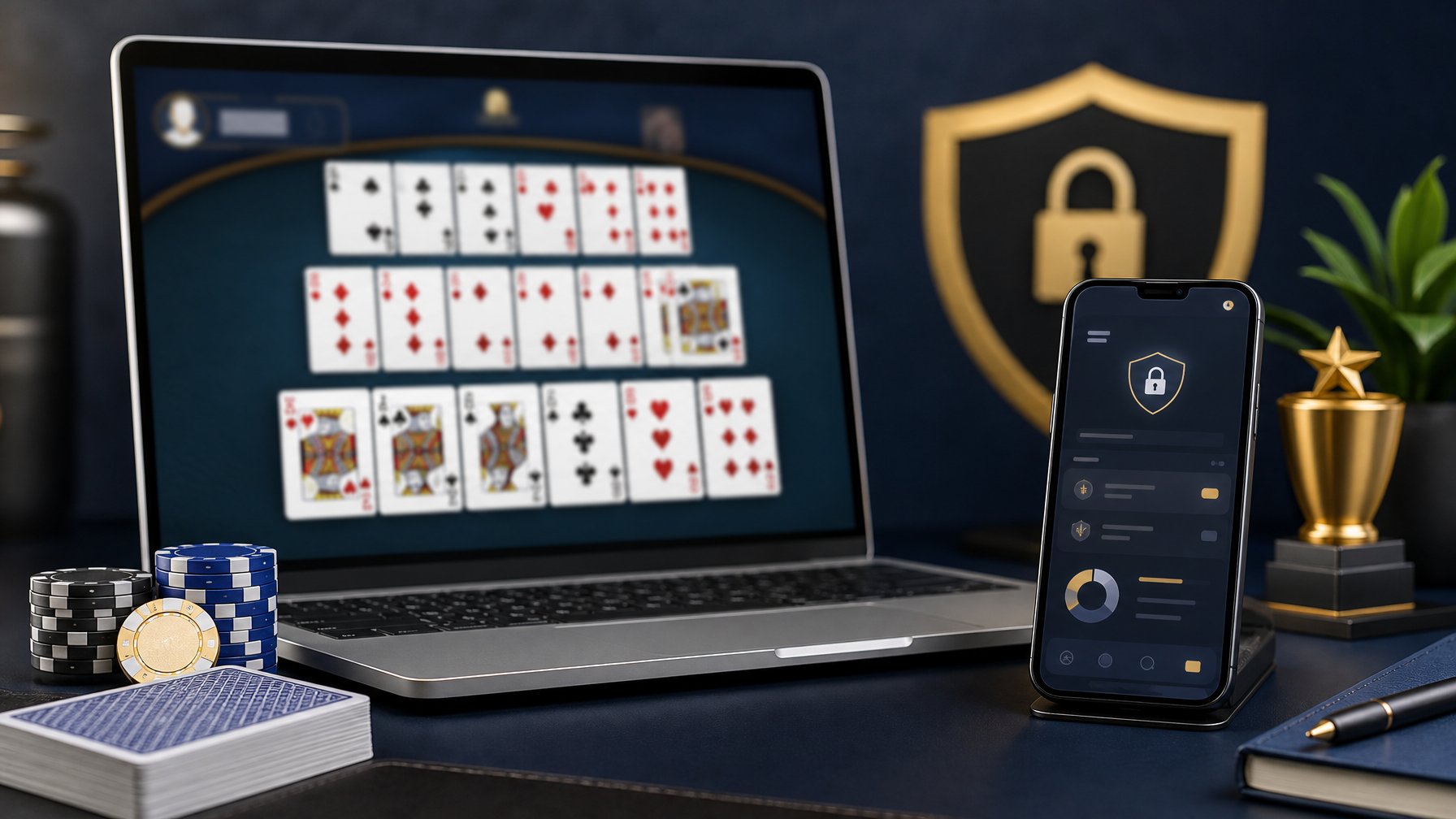 Laptop dan ponsel menampilkan permainan kartu digital dengan kartu, koin, dan simbol keamanan di meja kerja modern.
