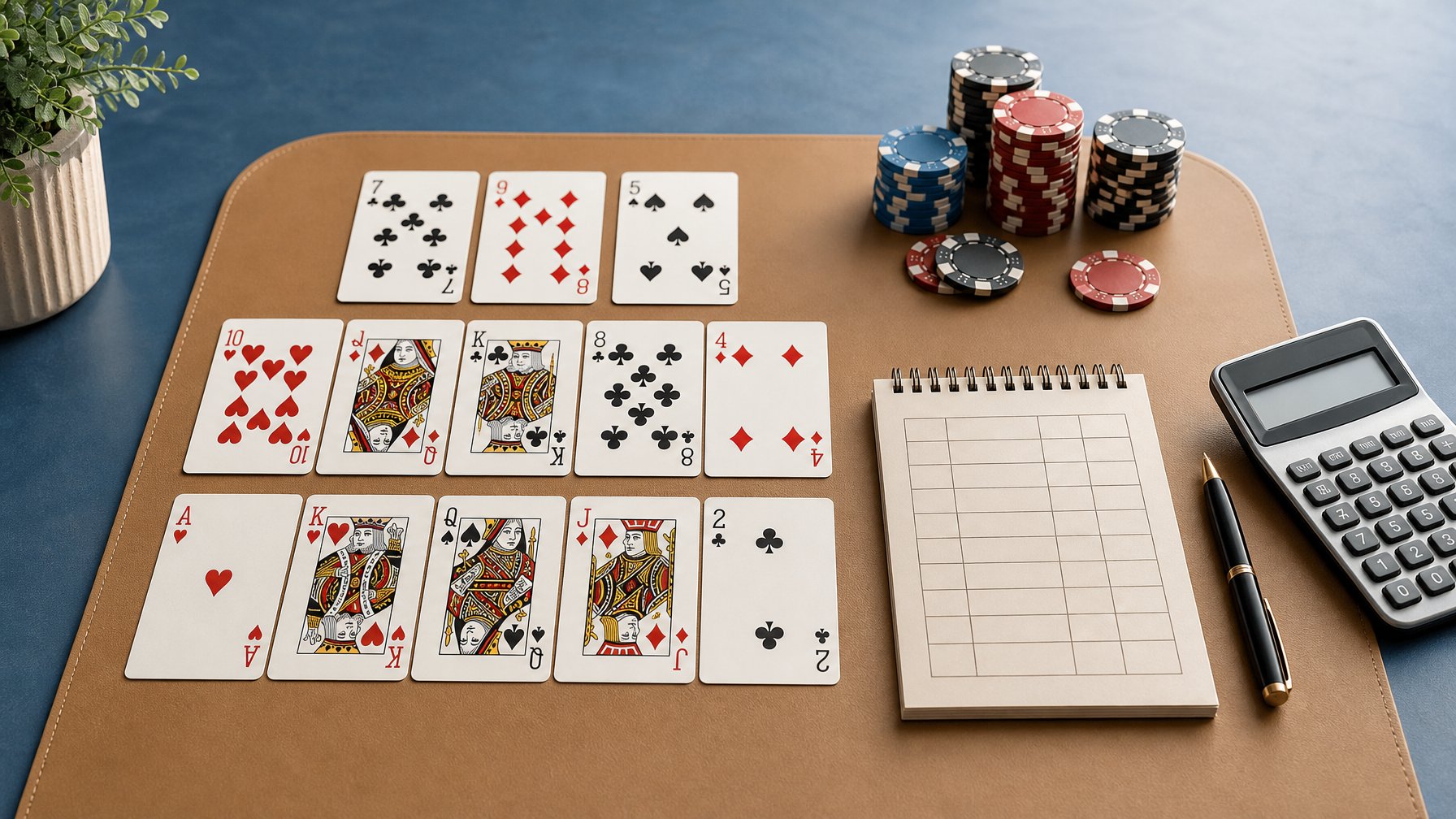 Kartu remi tersusun dalam tiga kelompok dengan keping poker, kalkulator, lembar skor kosong, dan pena di atas meja.