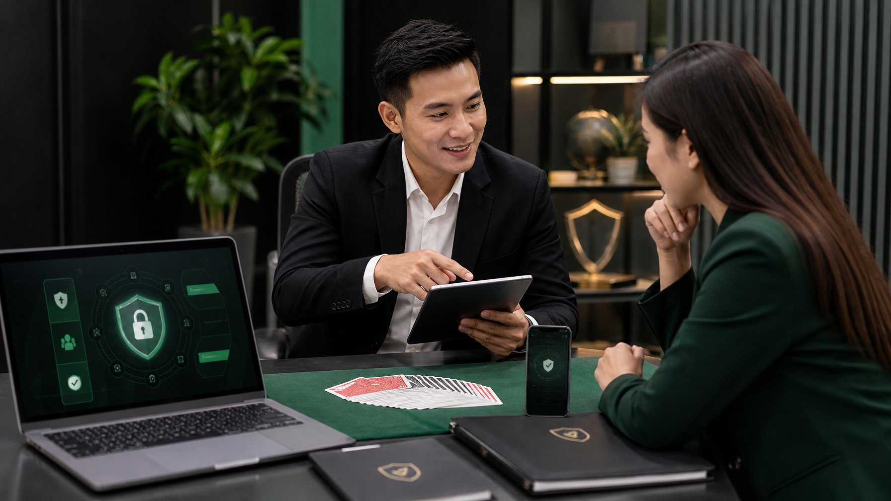 Konsultan profesional dan klien meninjau layanan permainan kartu daring dengan perangkat digital dan simbol keamanan.