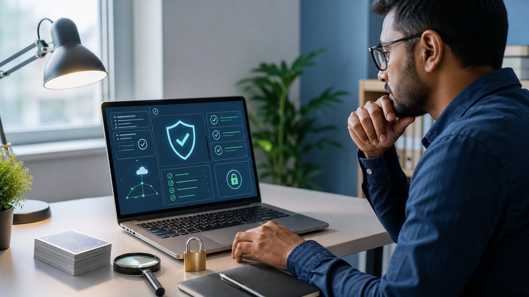 Seorang analis memeriksa keamanan platform digital di samping laptop, kartu remi, kaca pembesar, dan gembok.
