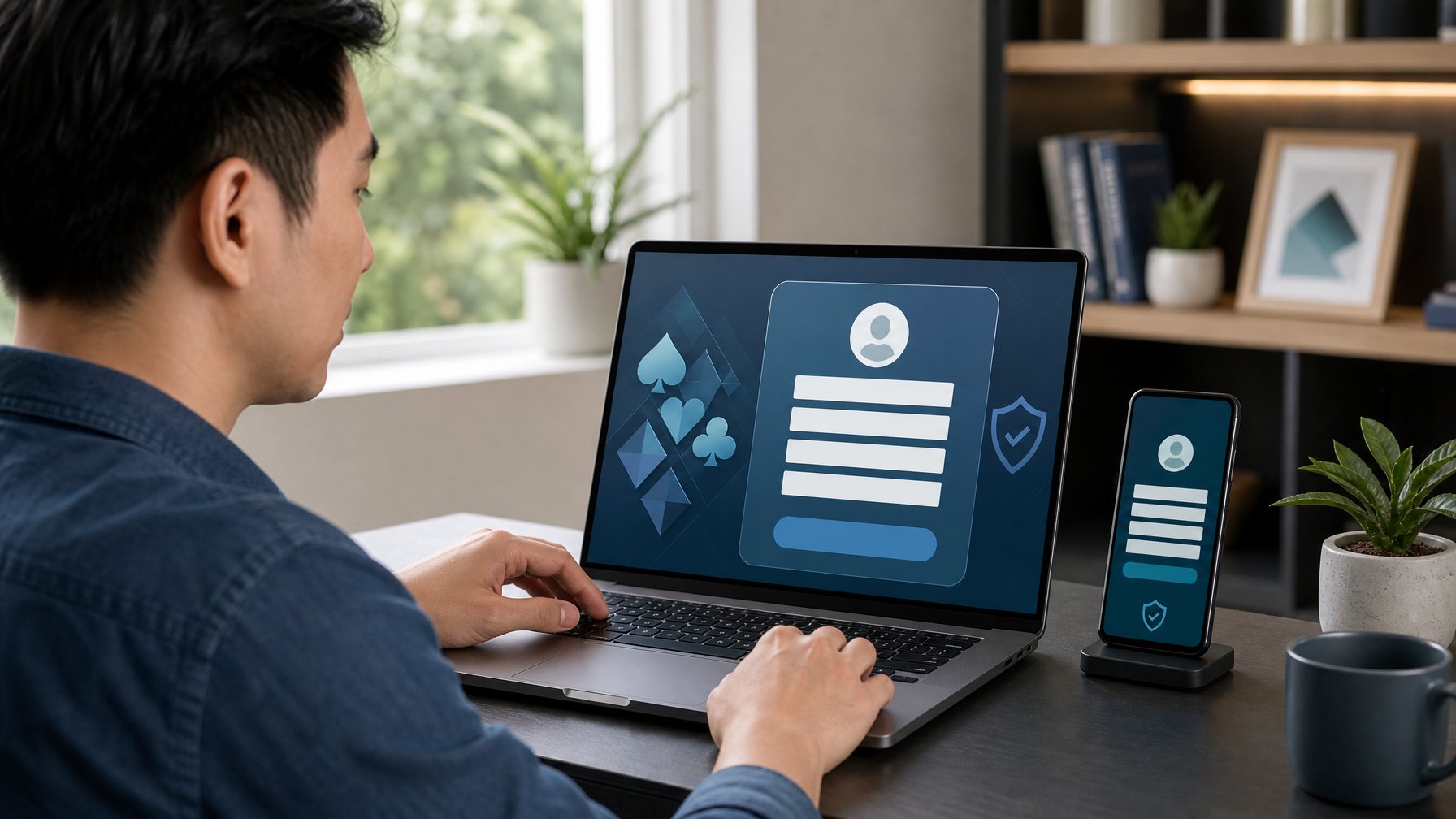 Seseorang menggunakan laptop dengan formulir pendaftaran akun permainan kartu digital di meja kerja yang rapi.