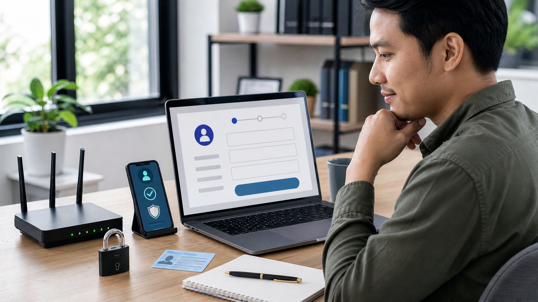 Orang dewasa memeriksa persyaratan pendaftaran akun di laptop dengan kartu identitas dan ponsel di meja.