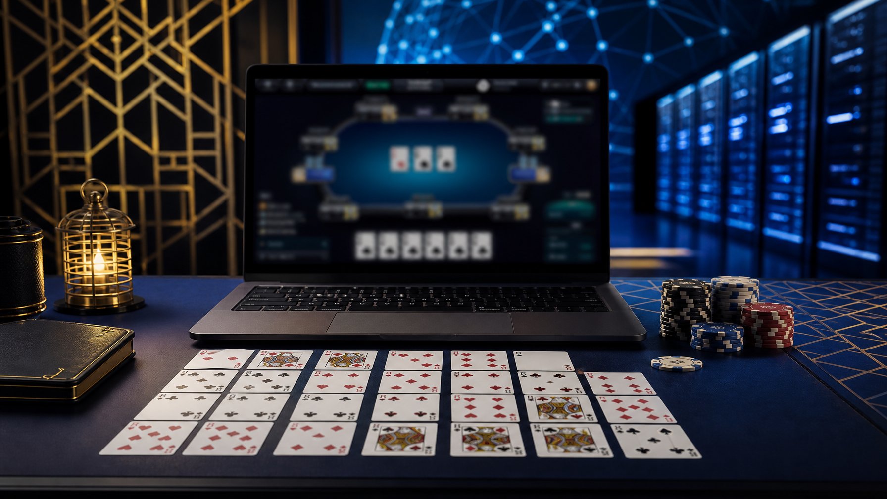 Laptop dengan tampilan permainan kartu abstrak, kartu Capsa Susun, keping poker, dan elemen jaringan digital di atas meja modern.