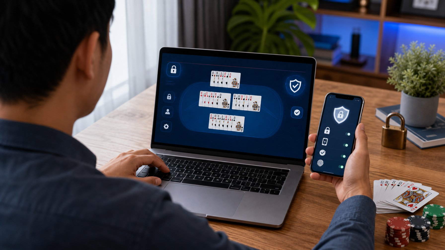 Seseorang memeriksa keamanan platform permainan kartu daring di laptop dengan simbol kunci dan perisai di sekitarnya.