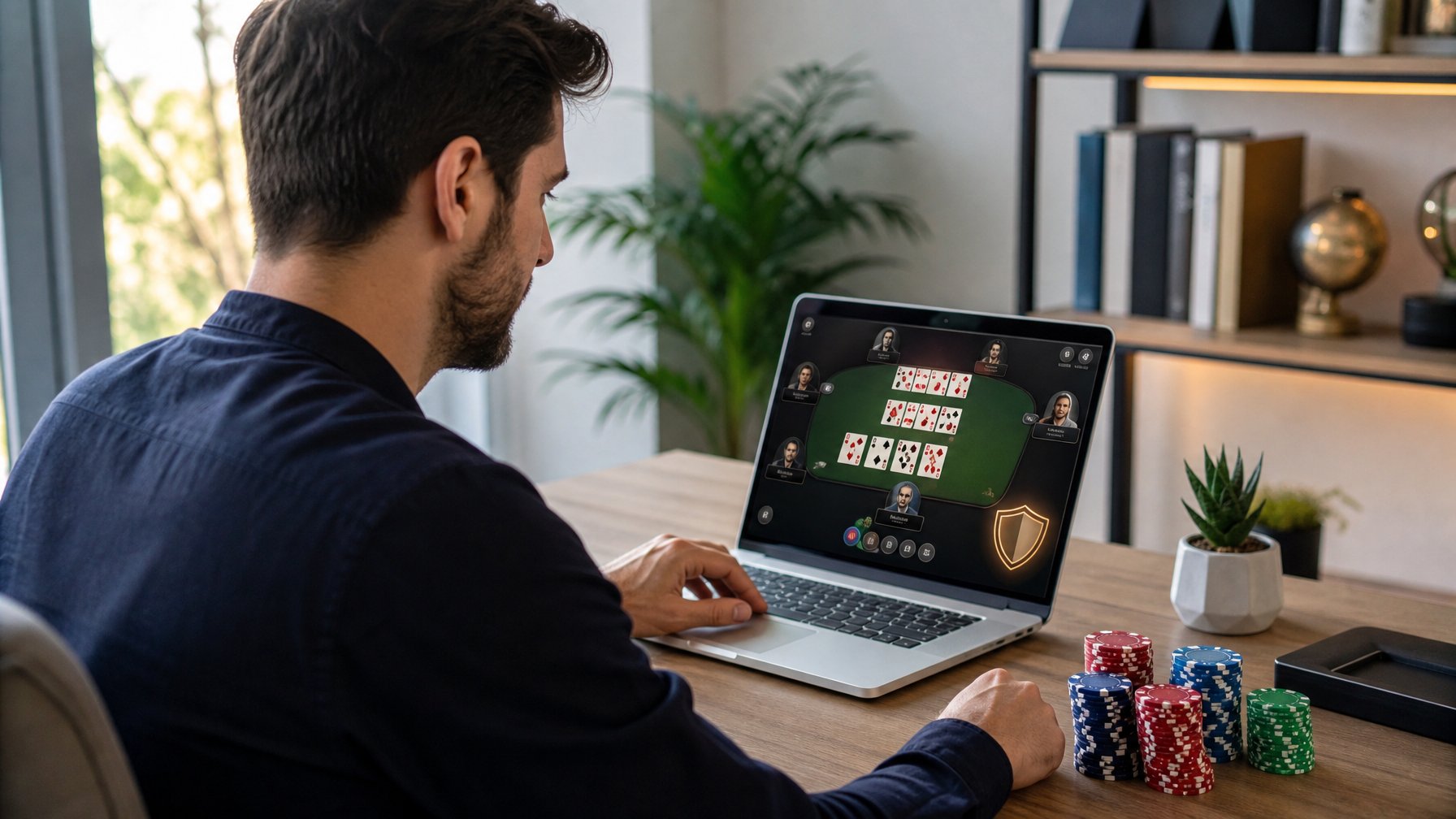 Seorang pemain dewasa menggunakan laptop untuk bermain Capsa Susun dengan kartu dan chip di meja.