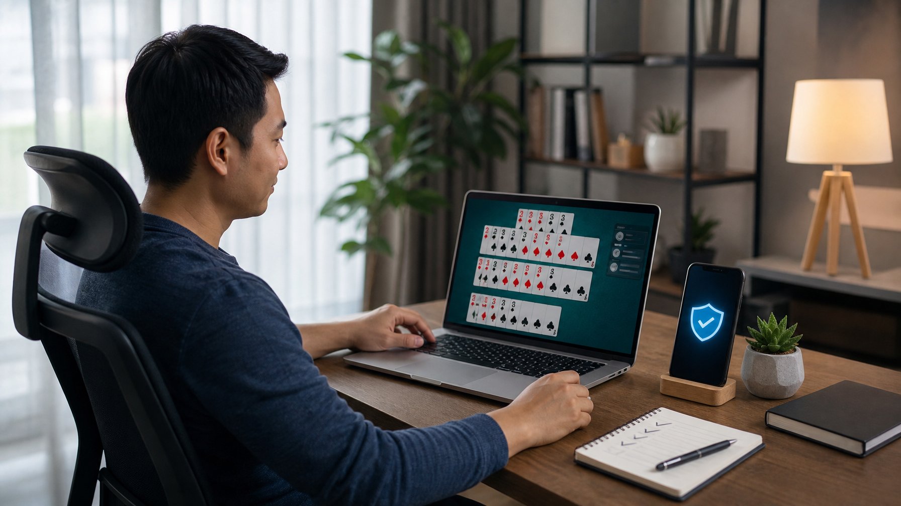 Pemain dewasa menilai platform permainan kartu online melalui laptop di ruang kerja yang rapi.