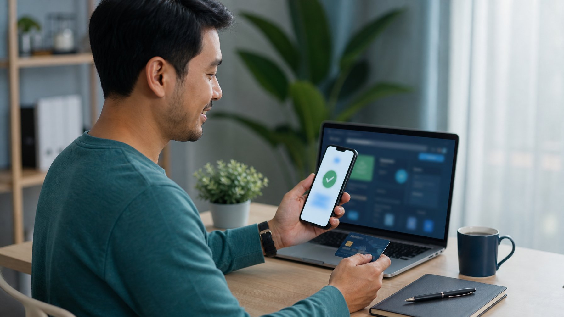 Orang dewasa menggunakan laptop dan ponsel untuk melakukan transfer perbankan digital di meja kerja.