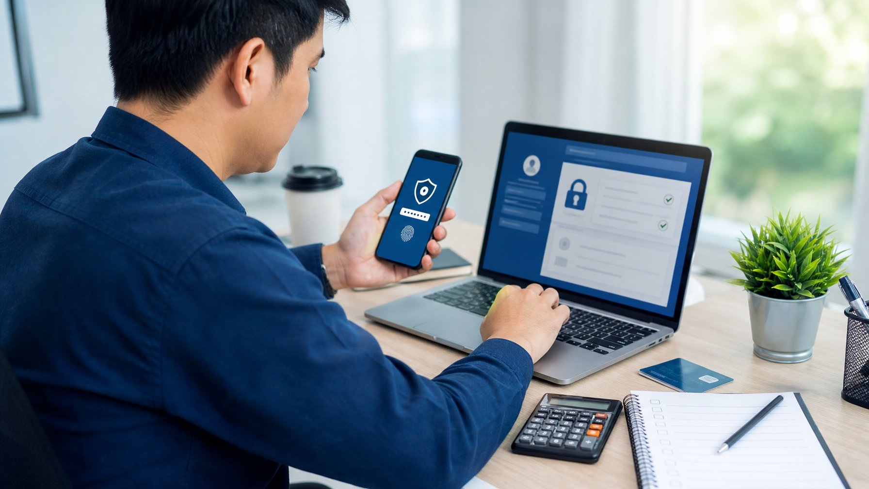 Seseorang memeriksa proses verifikasi transaksi perbankan digital di meja kerja menggunakan laptop dan ponsel.