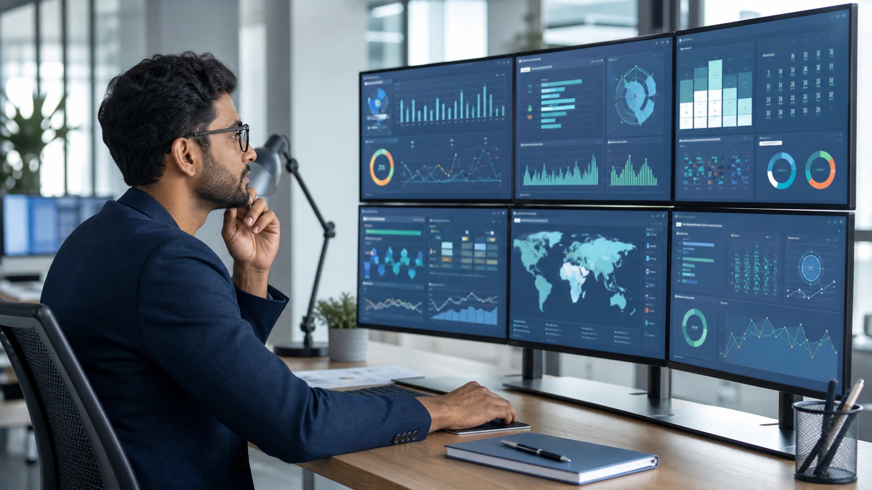 Analis dewasa meninjau beberapa panel data digital yang tersusun rapi di kantor modern.