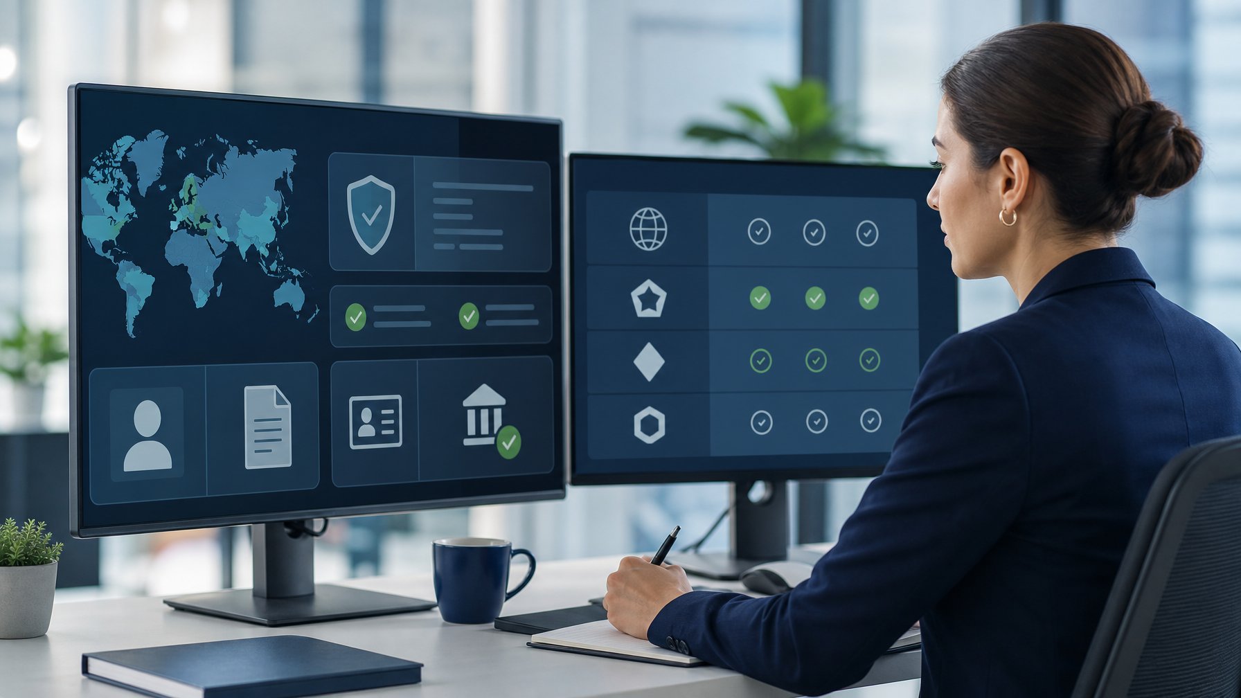 Seorang analis memeriksa dasbor digital berisi indikator verifikasi dan kepatuhan di kantor modern.