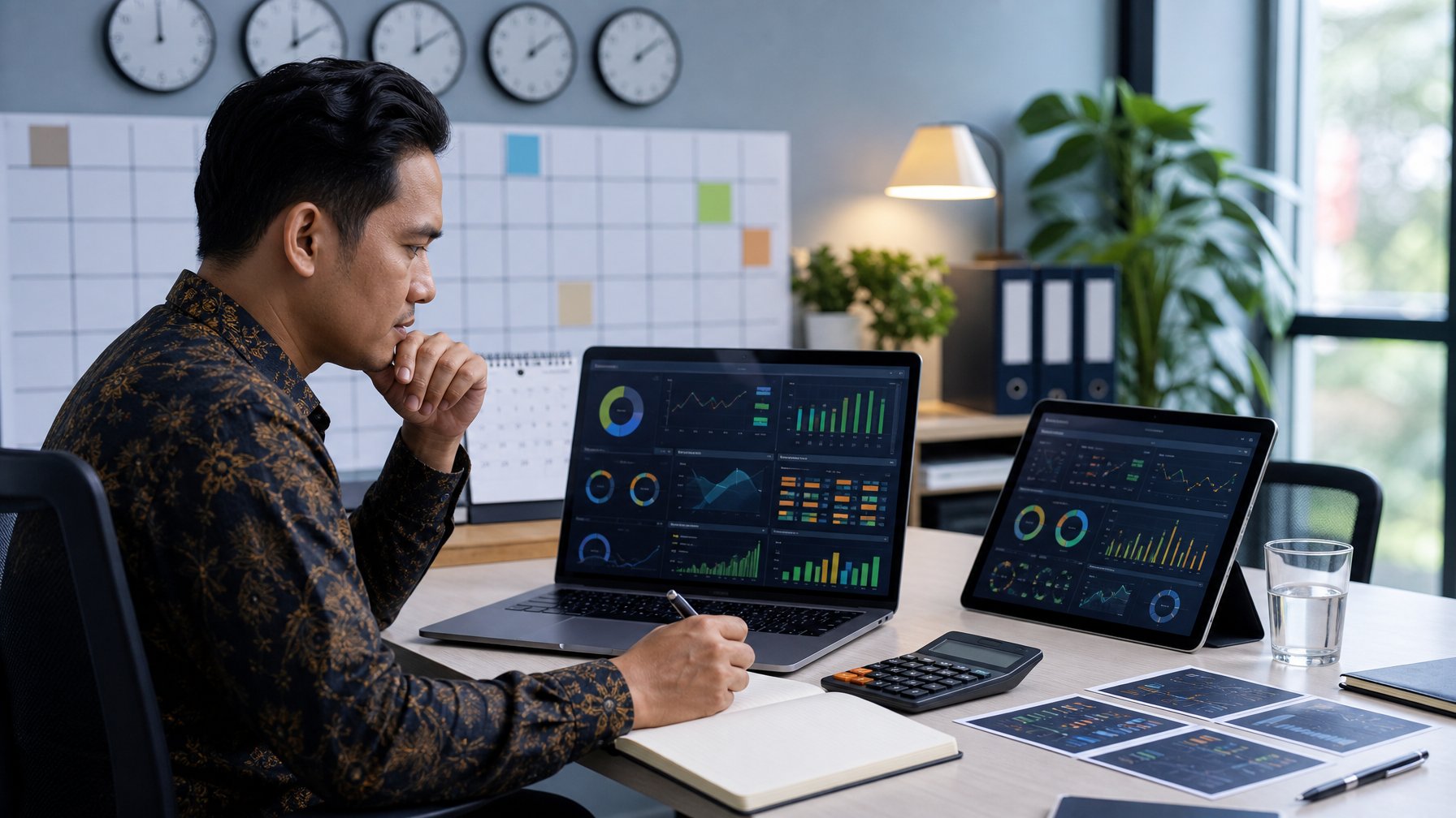 Seorang profesional mempelajari grafik abstrak, kalender kosong, dan indikator data di meja kerja modern.