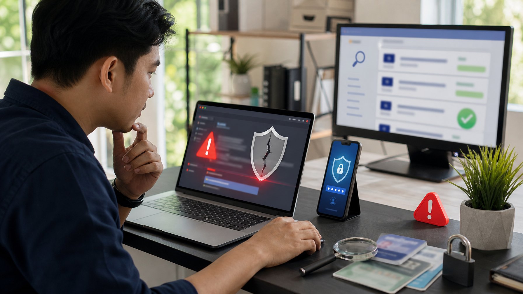 Seseorang memeriksa situs mencurigakan di laptop dengan simbol peringatan dan perlindungan keamanan digital.
