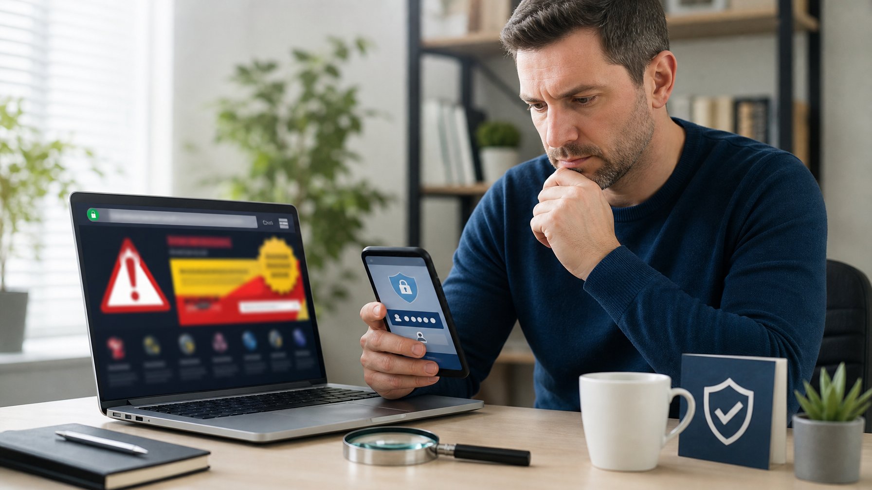 Seorang konsumen memeriksa laptop dan ponsel dengan simbol peringatan serta perlindungan keamanan digital.