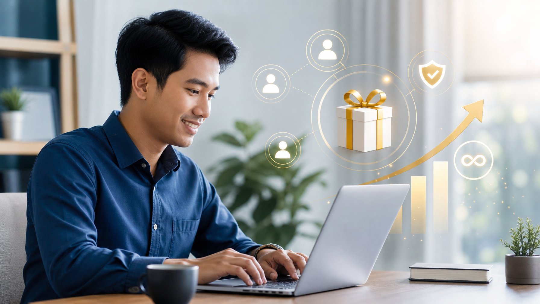 Orang dewasa menggunakan laptop dengan ilustrasi hadiah, koneksi rujukan, dan simbol keamanan di ruang kerja modern.