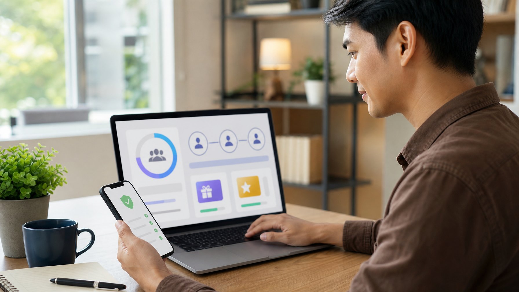 Seorang pengguna memeriksa dasbor hadiah referral pada laptop dan ponsel di ruang kerja yang rapi.