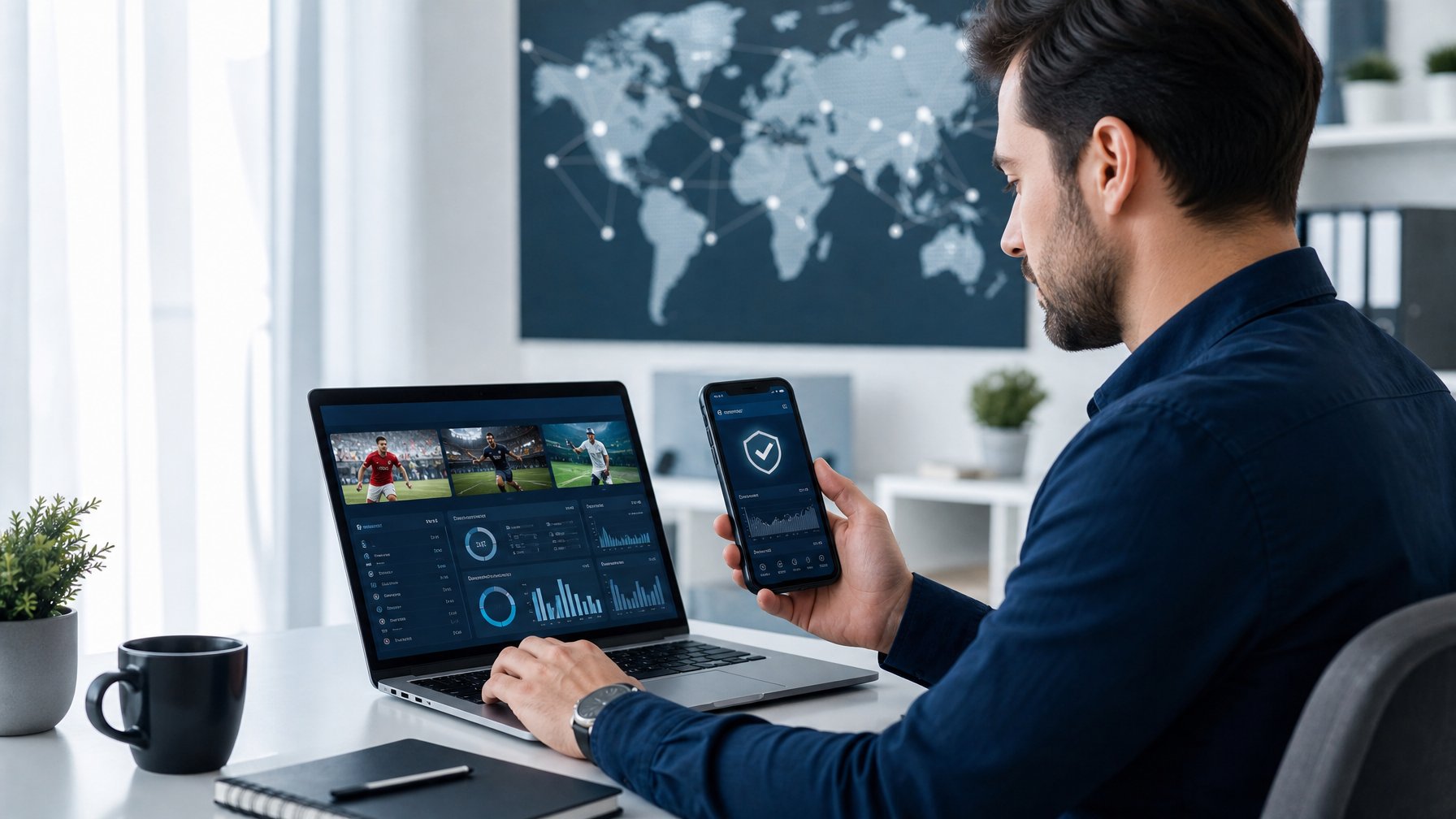 Orang dewasa meninjau dasbor taruhan digital di laptop dan ponsel dalam ruang kerja modern.