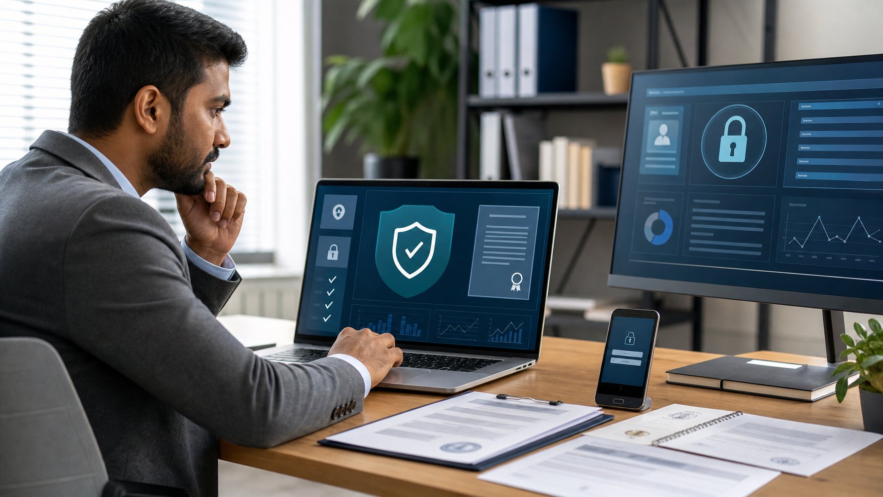 Seorang analis dewasa memeriksa keamanan dan legalitas platform digital di laptop dengan simbol perisai, kunci, dan dokumen kepatuhan.
