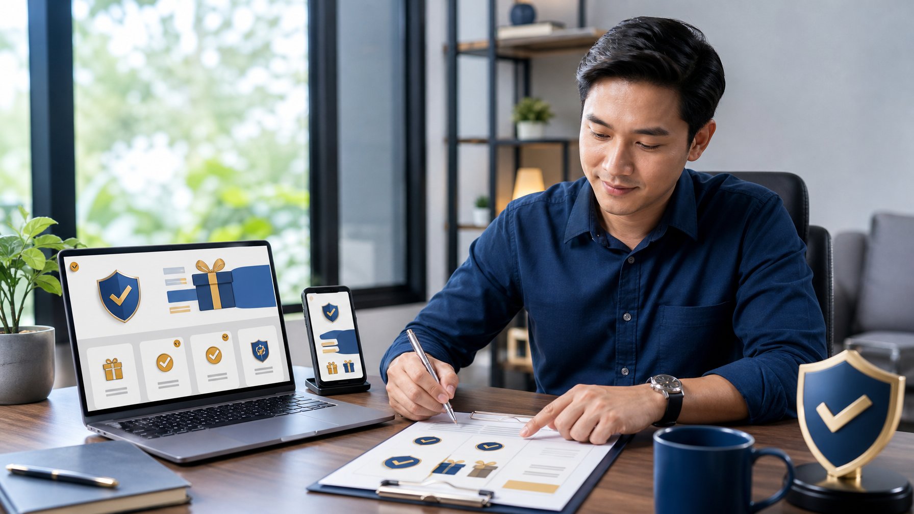 Seorang profesional meninjau platform digital di laptop dan ponsel pada meja kerja modern.