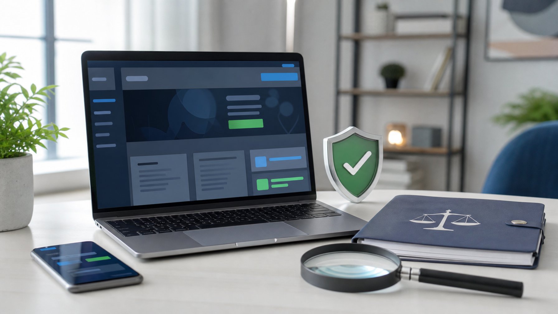 Laptop dan ponsel di meja dengan simbol perisai, kaca pembesar, dan dokumen legal untuk menilai keamanan situs.