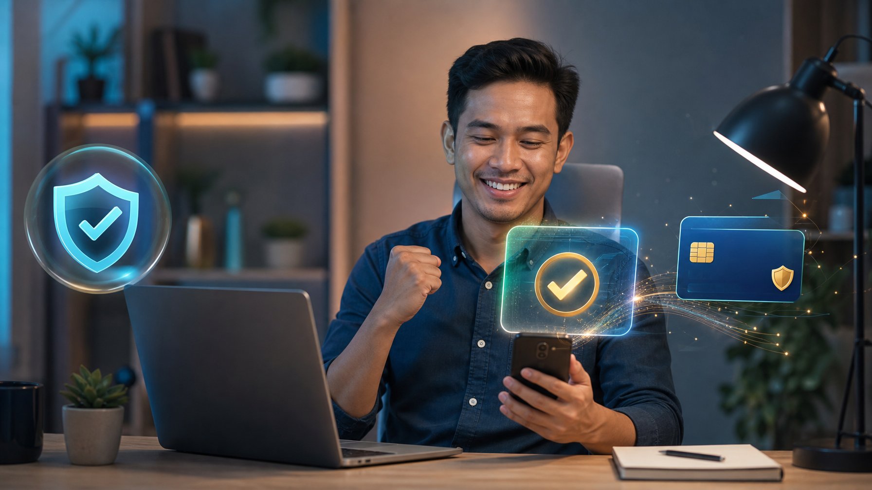 Seorang pengguna dewasa memeriksa konfirmasi pembayaran digital yang aman di ruang kerja modern.