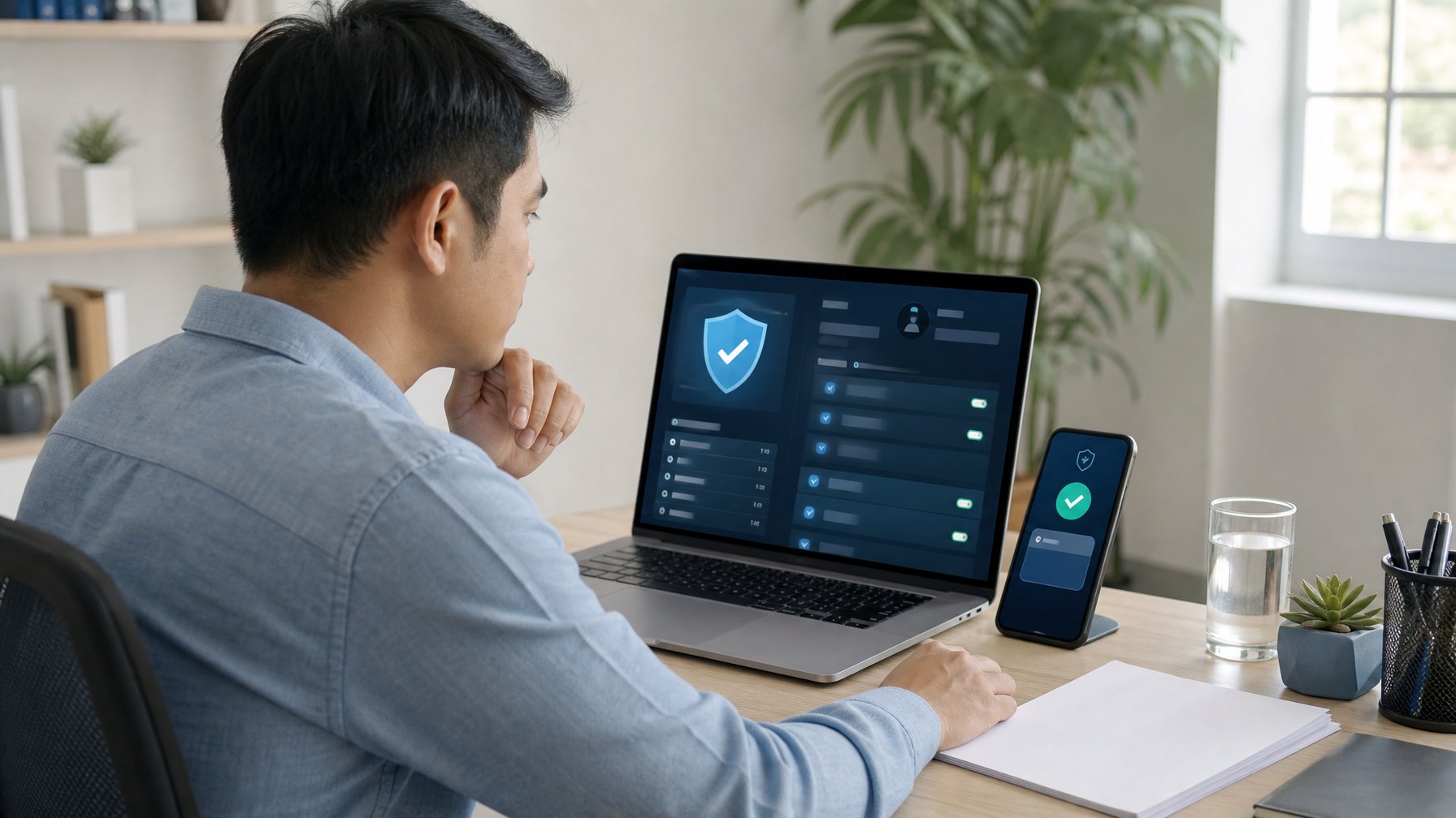 Seseorang memeriksa keamanan dan transparansi platform daring melalui laptop dan ponsel di ruang kerja.